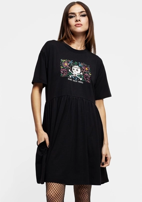 Death Conquers All Floral Skull Embroidered Mini Skater Dress Dresses Womens - women's dresses clearance