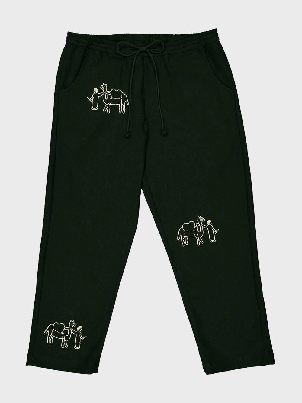 Deep Green Ride Embroidered Cotton Pants