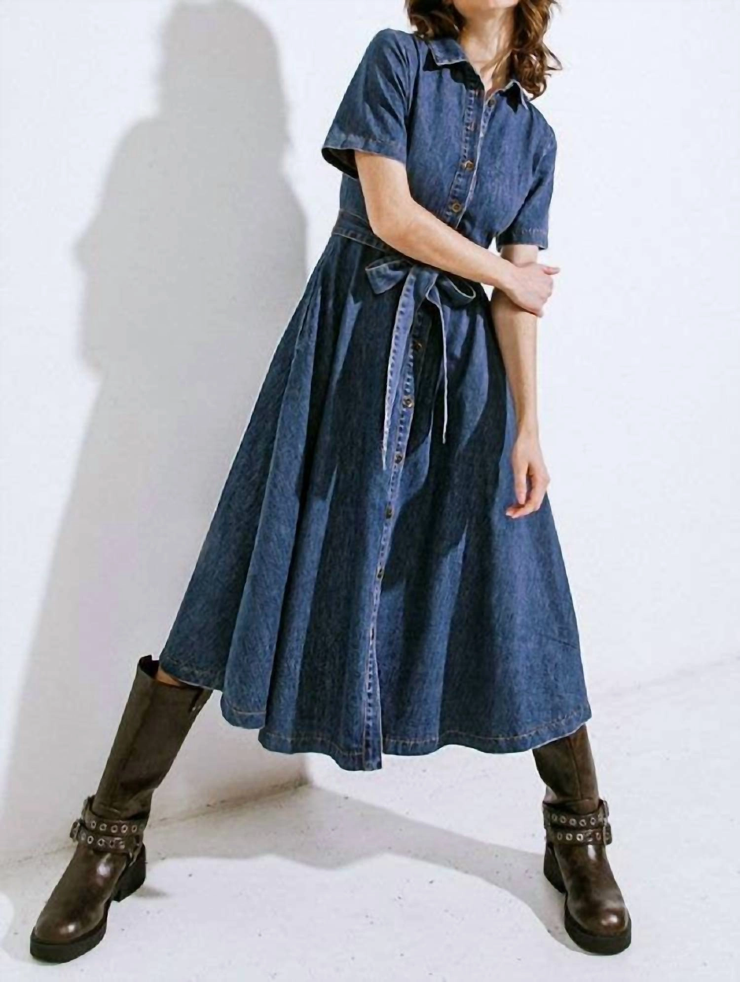 Denim Midi Dress In Medium Indigo Wash