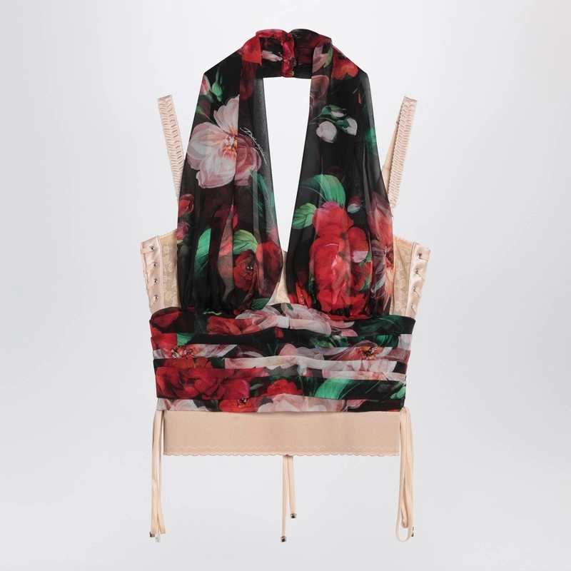Dolce&Gabbana Bustier Top In Marquisette And Chiffon With Floral Print