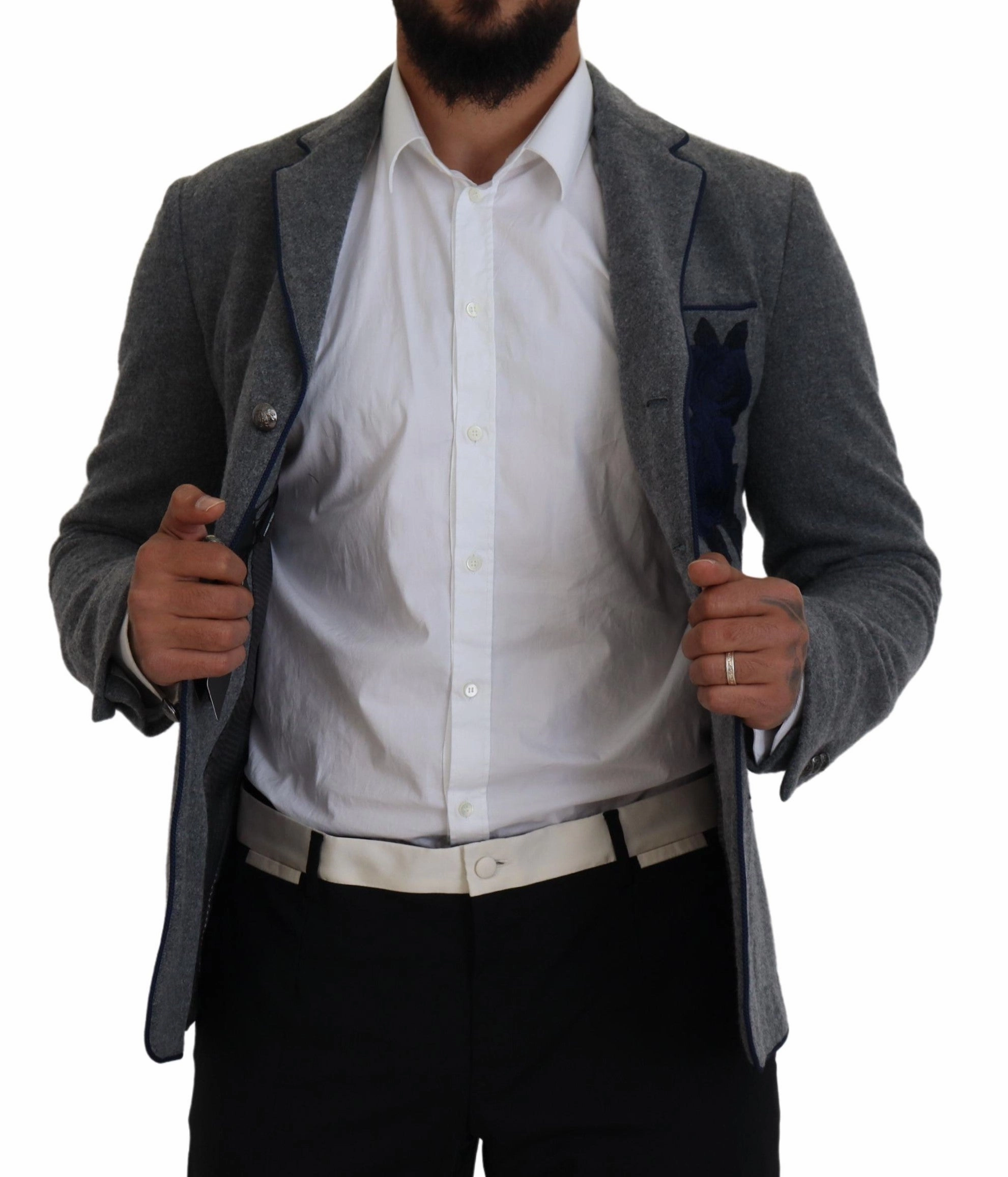 Dolce & Gabbana Elegant Wool Blazer with blue Rose Men's Embroidery