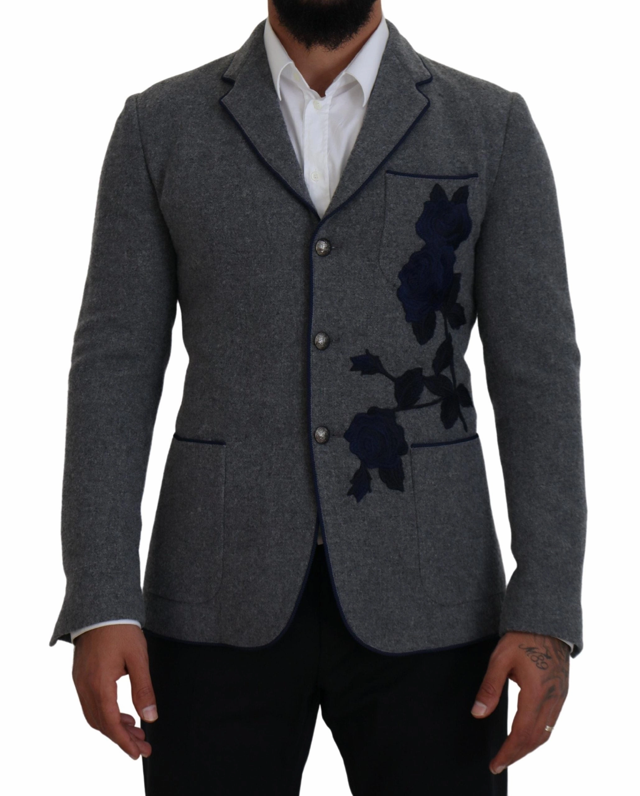 Dolce & Gabbana Elegant Wool Blazer with blue Rose Men's Embroidery