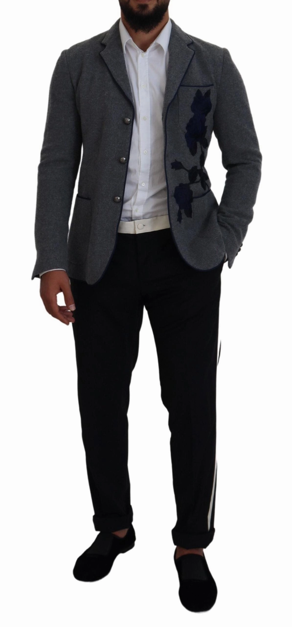 Dolce & Gabbana Elegant Wool Blazer with blue Rose Men's Embroidery