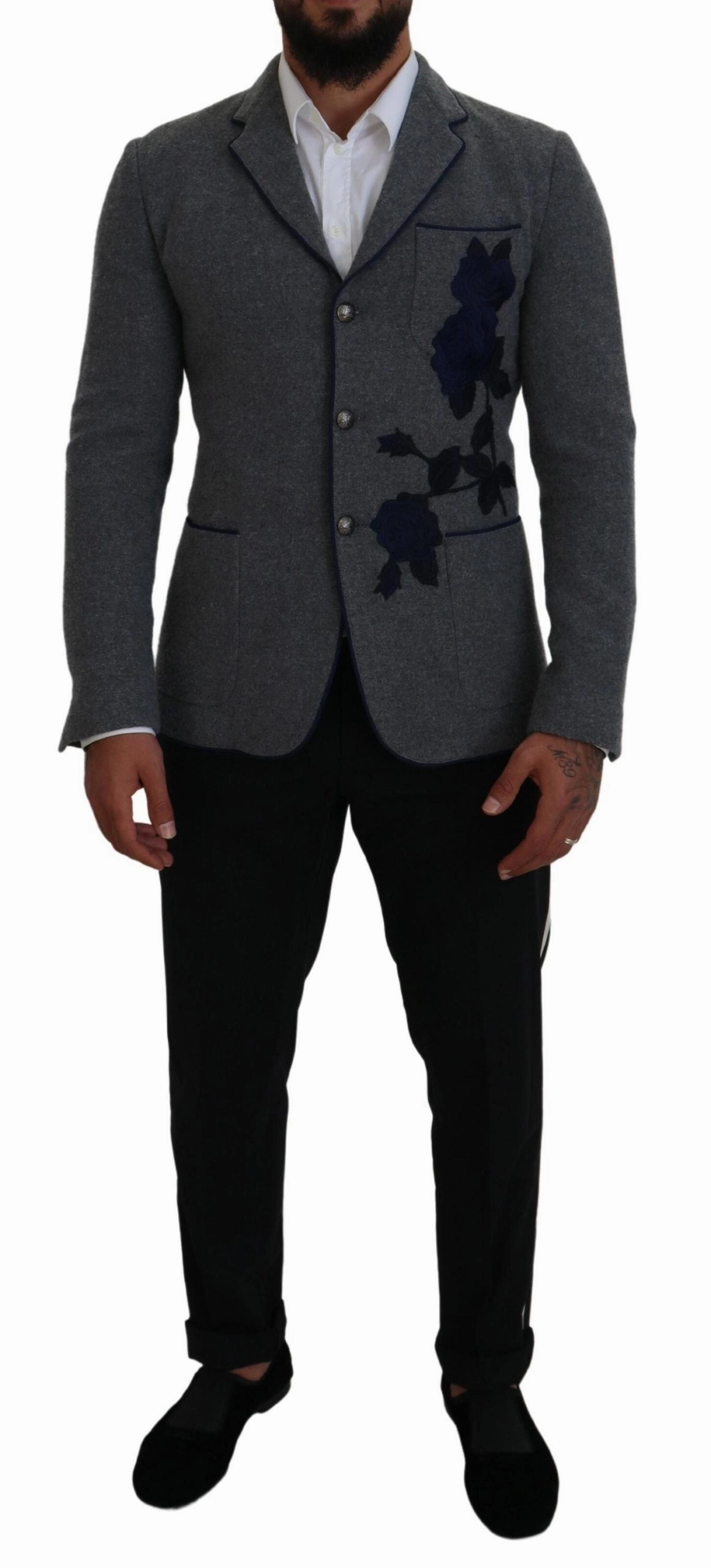 Dolce & Gabbana Elegant Wool Blazer with blue Rose Men's Embroidery
