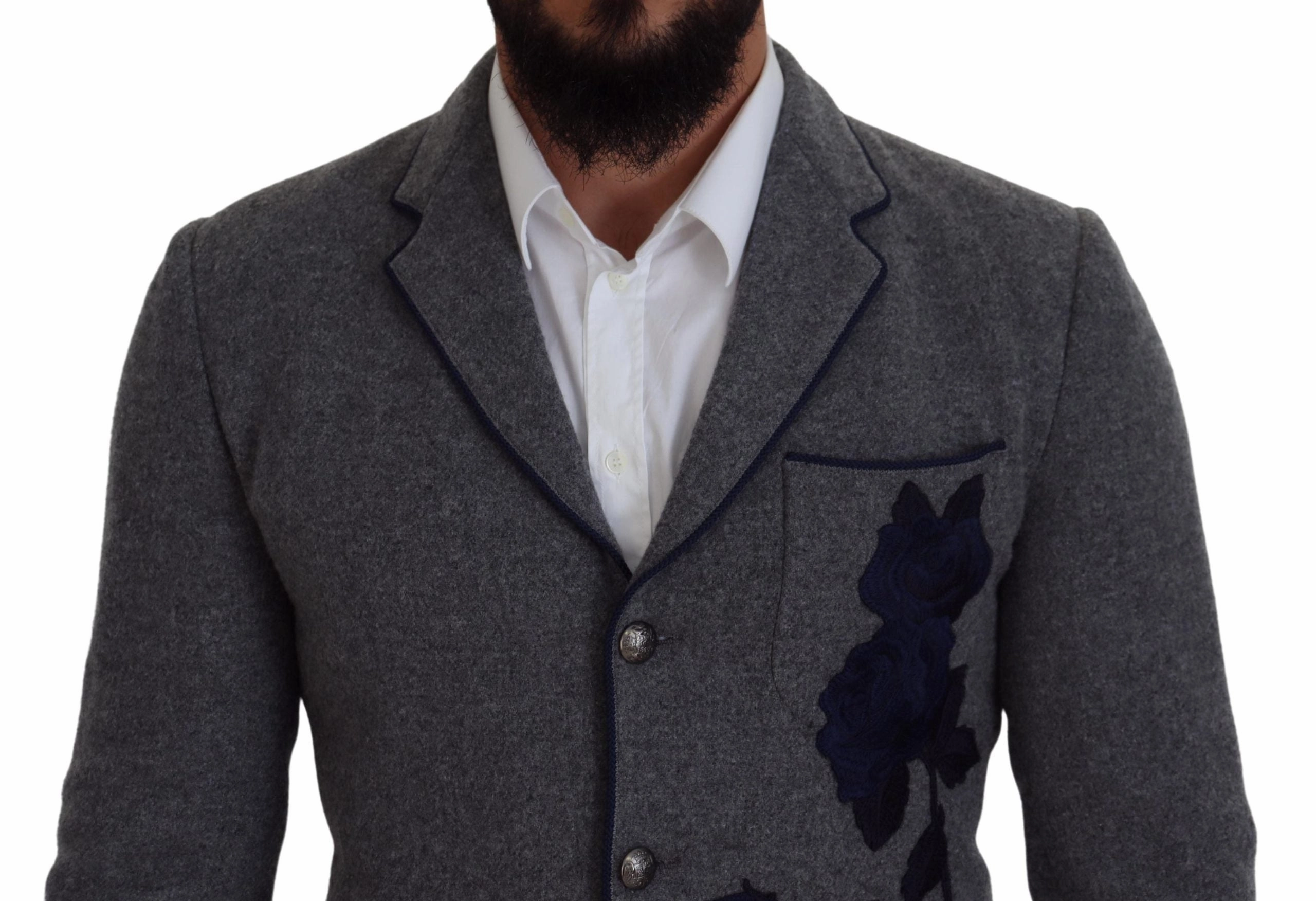 Dolce & Gabbana Elegant Wool Blazer with blue Rose Men's Embroidery
