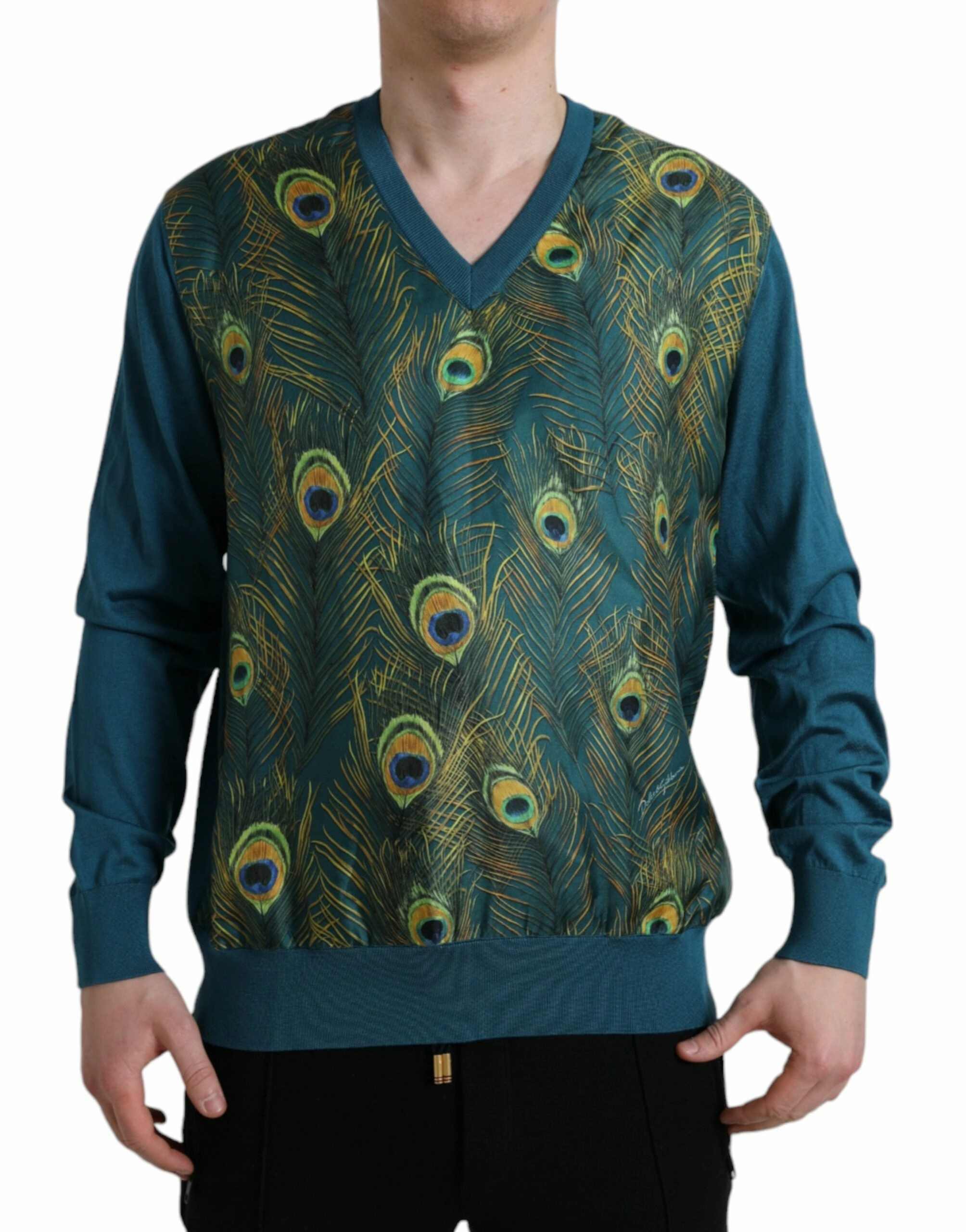Dolce & Gabbana Silk V-Neck Peacock Feather Men's Sweater turtleneck sweaters sale