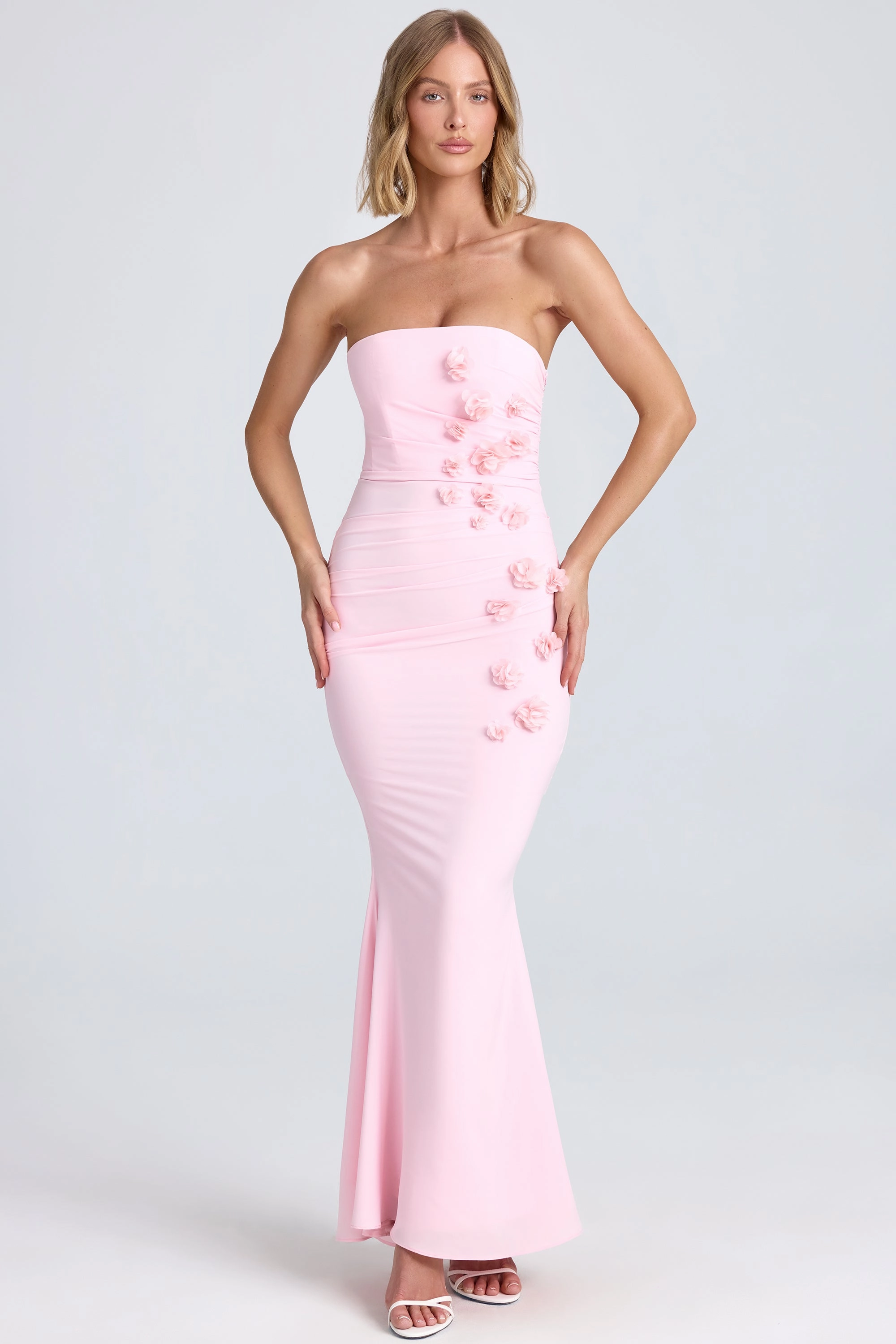 Draped Floral-Appliqu Maxi Dress in Blush