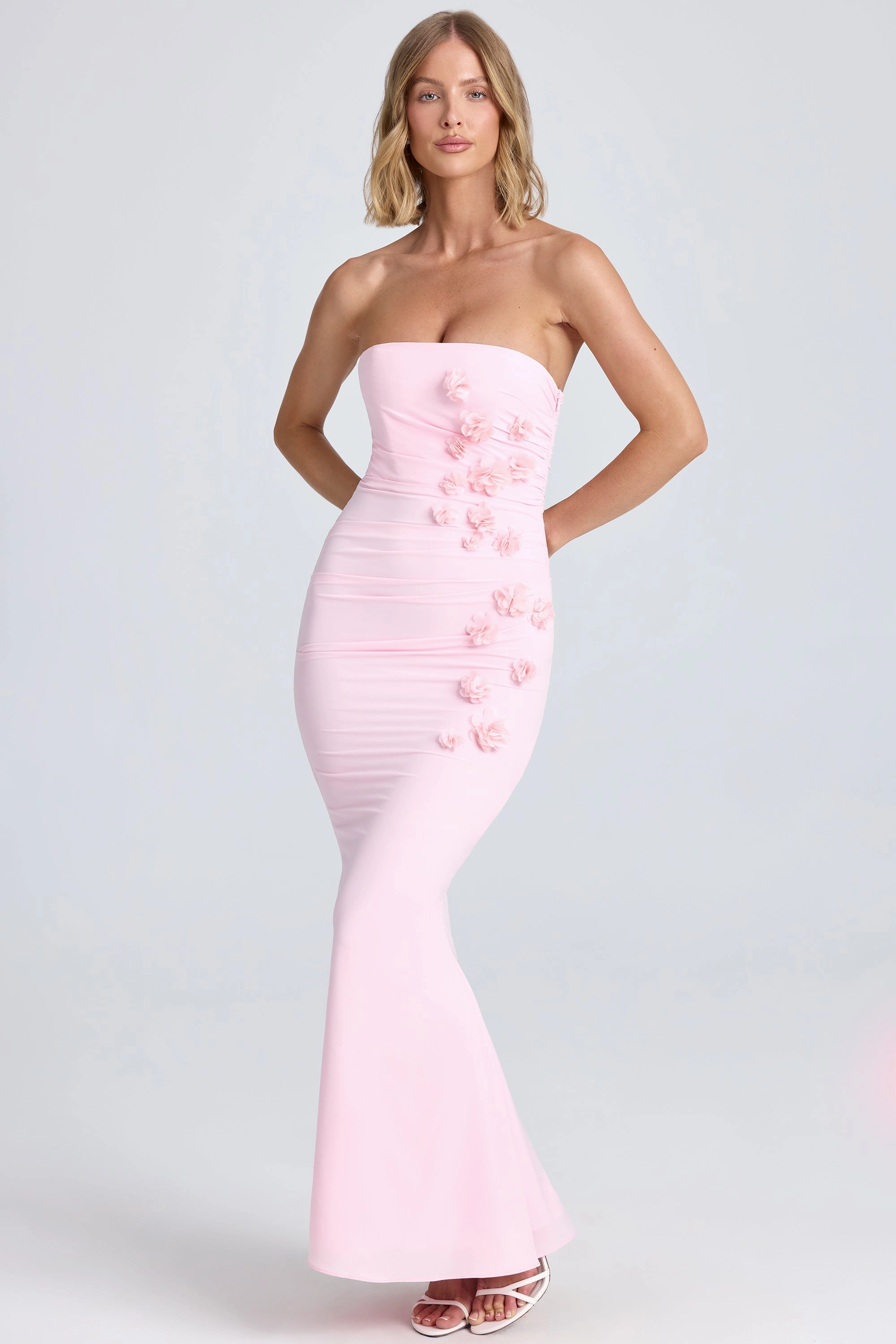 Draped Floral-Appliqu Maxi Dress in Blush