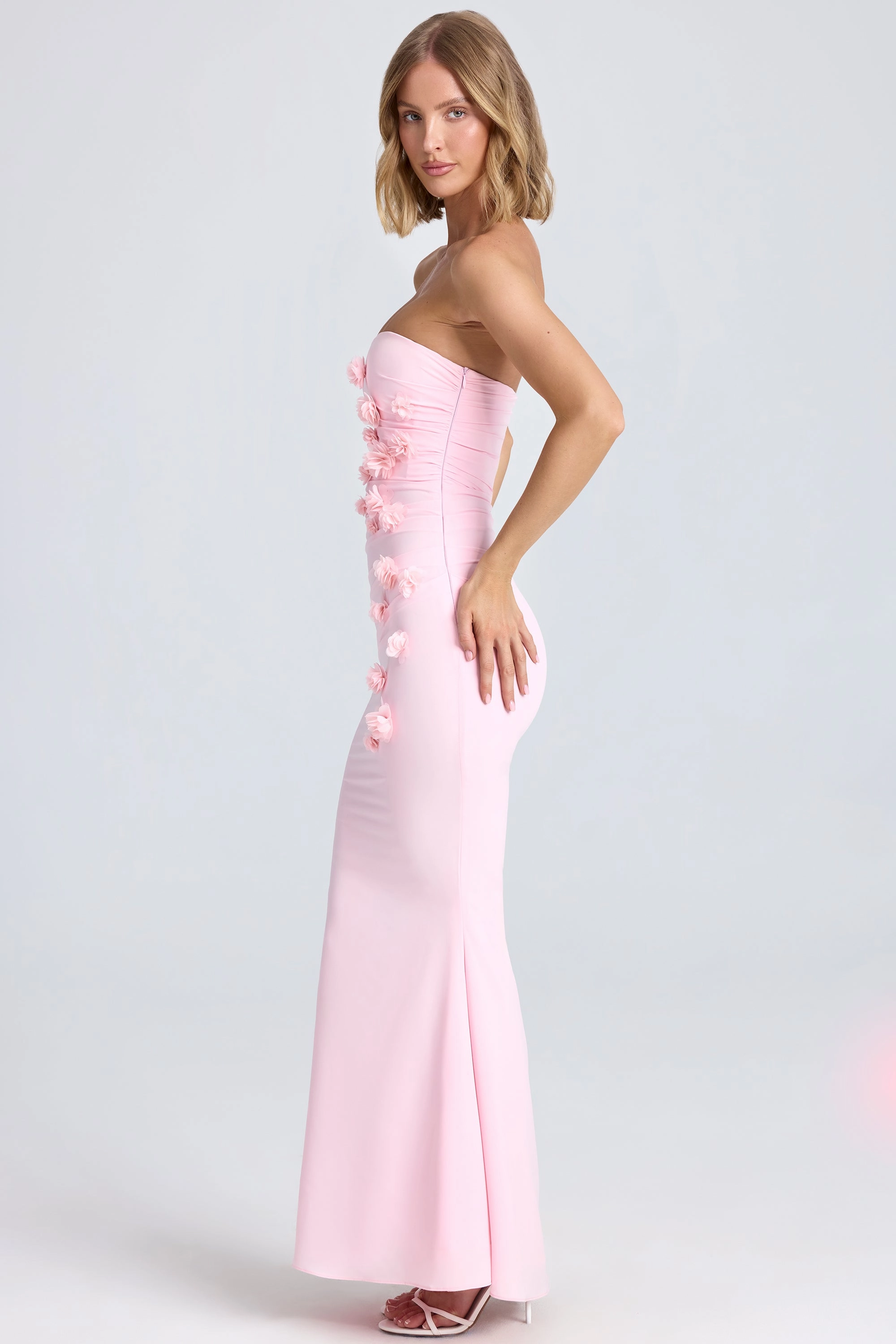 Draped Floral-Appliqu Maxi Dress in Blush