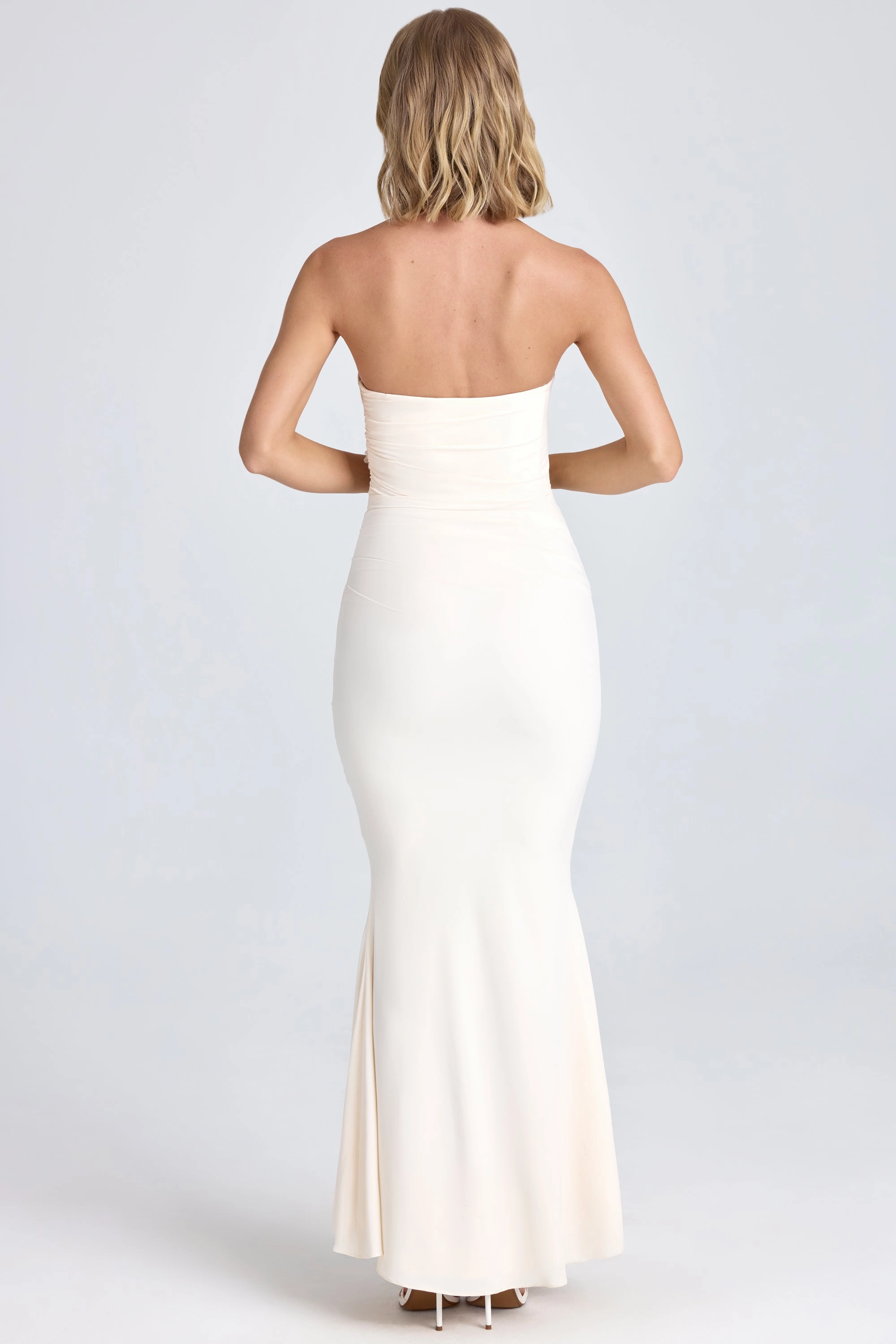 Draped Floral-Appliqu Maxi Dress in Ivory