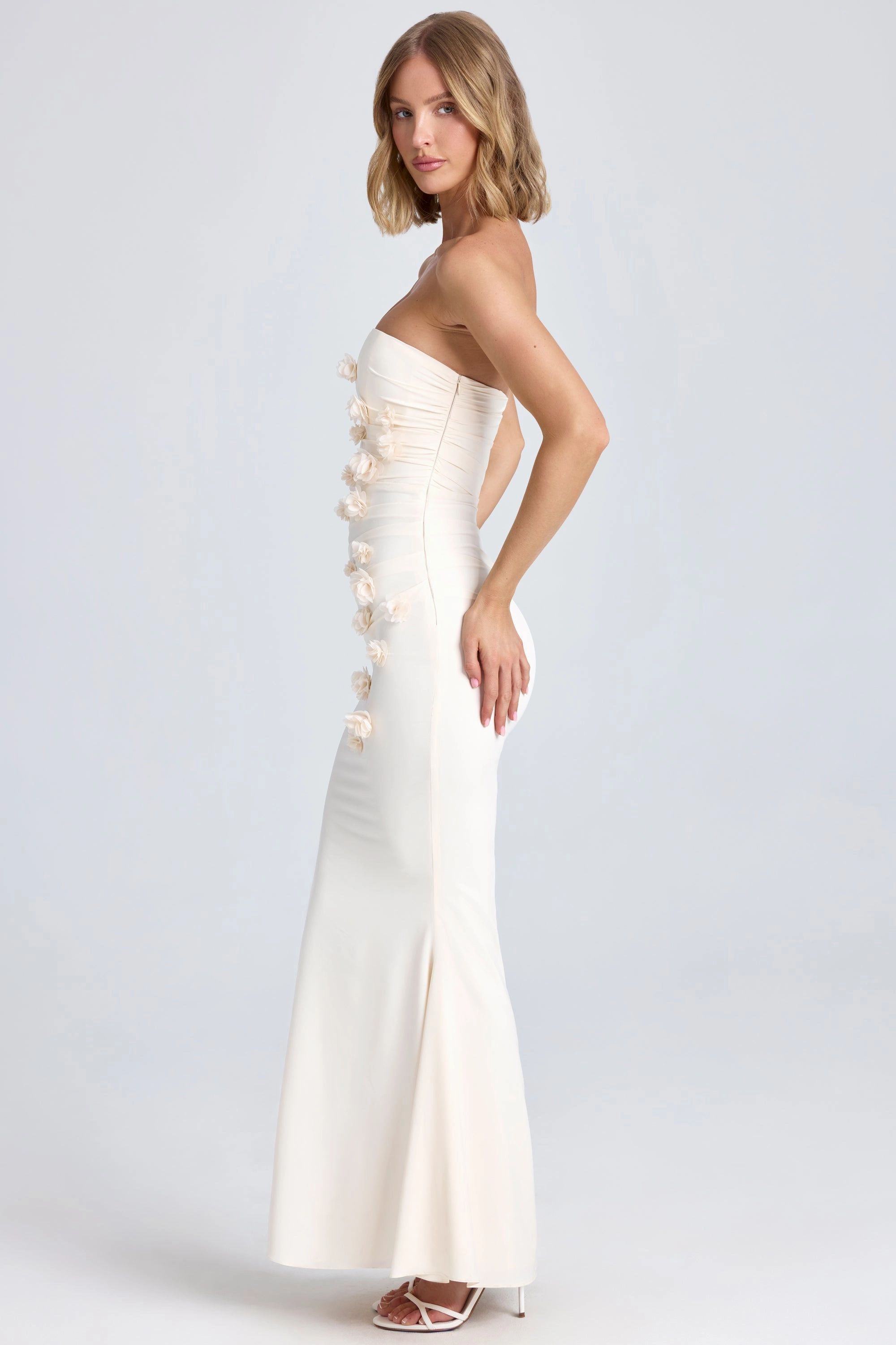 Draped Floral-Appliqu Maxi Dress in Ivory