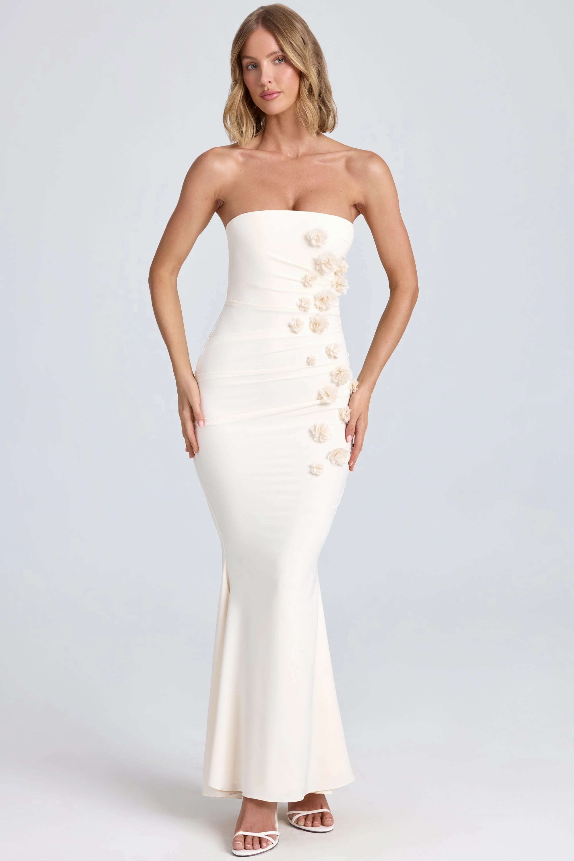 Draped Floral-Appliqu Maxi Dress in Ivory