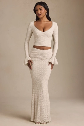 Draped Low-Rise Lace Maxi Skirt in Ivory Bottoms Womens - women's pants clearance