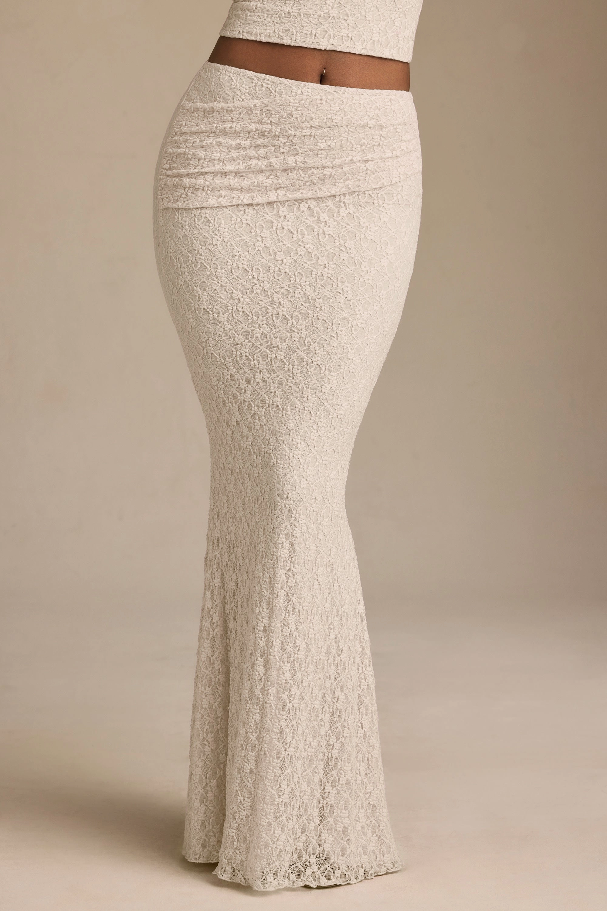 Draped Low-Rise Lace Maxi Skirt in Ivory