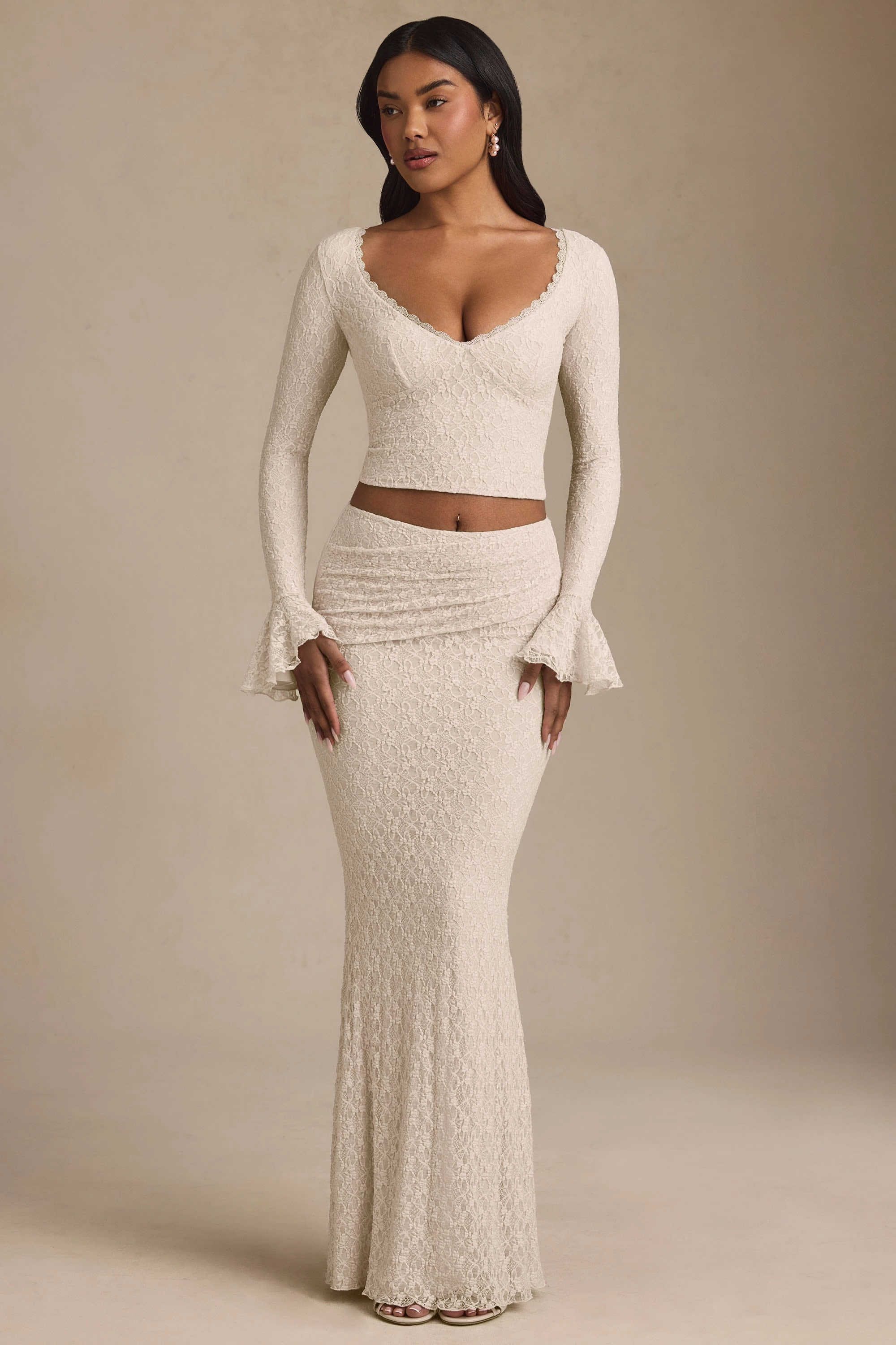Draped Low-Rise Lace Maxi Skirt in Ivory Bottoms Womens - women's pants clearance