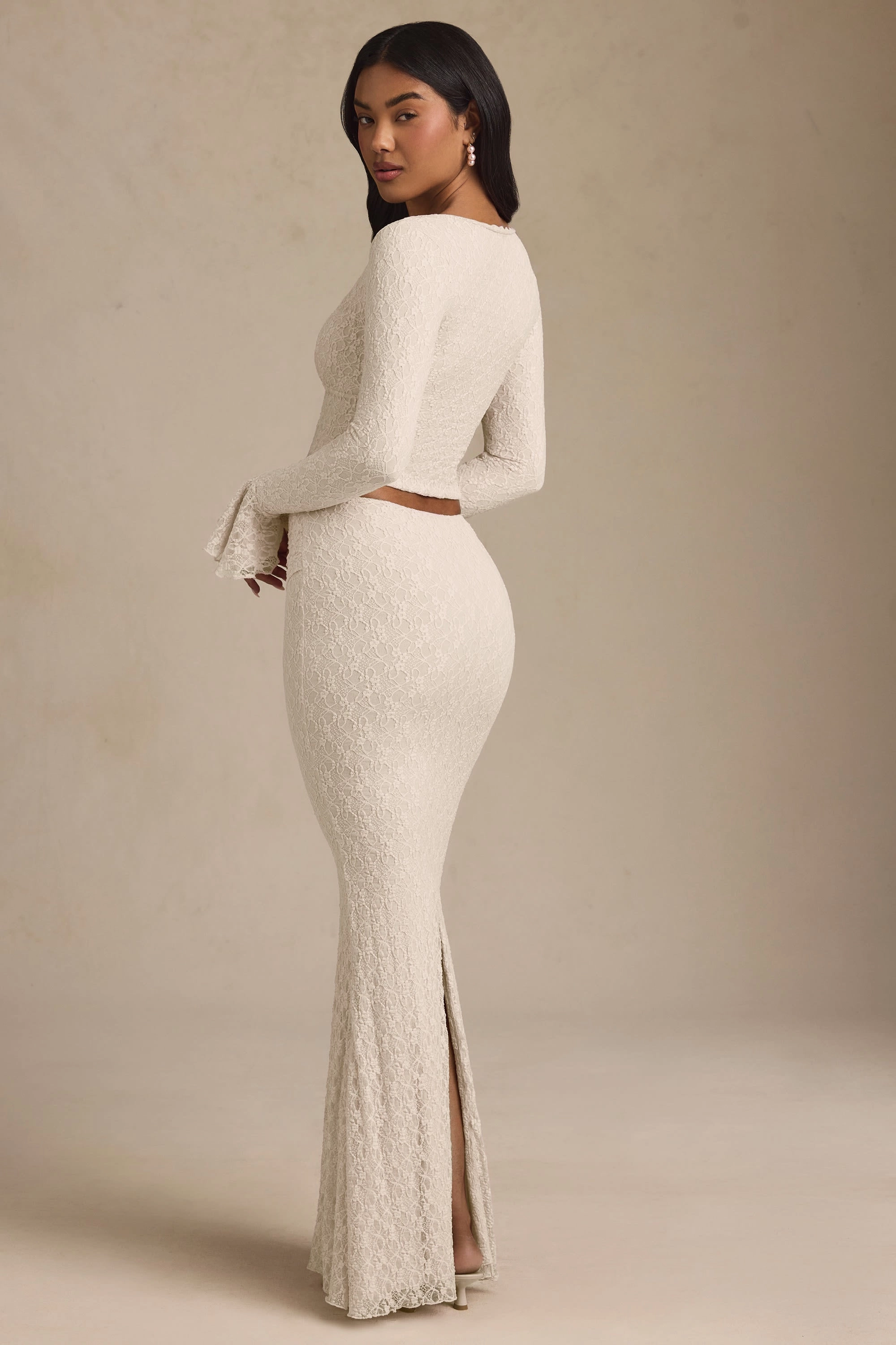 Draped Low-Rise Lace Maxi Skirt in Ivory