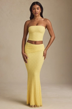 Draped Low-Rise Lace Maxi Skirt in Pastel Yellow Bottoms Womens - women's pants clearance