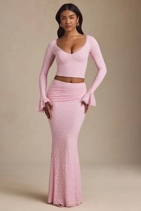 Draped Low-Rise Lace Maxi Skirt in Soft Pink Bottoms Womens - women's pants clearance