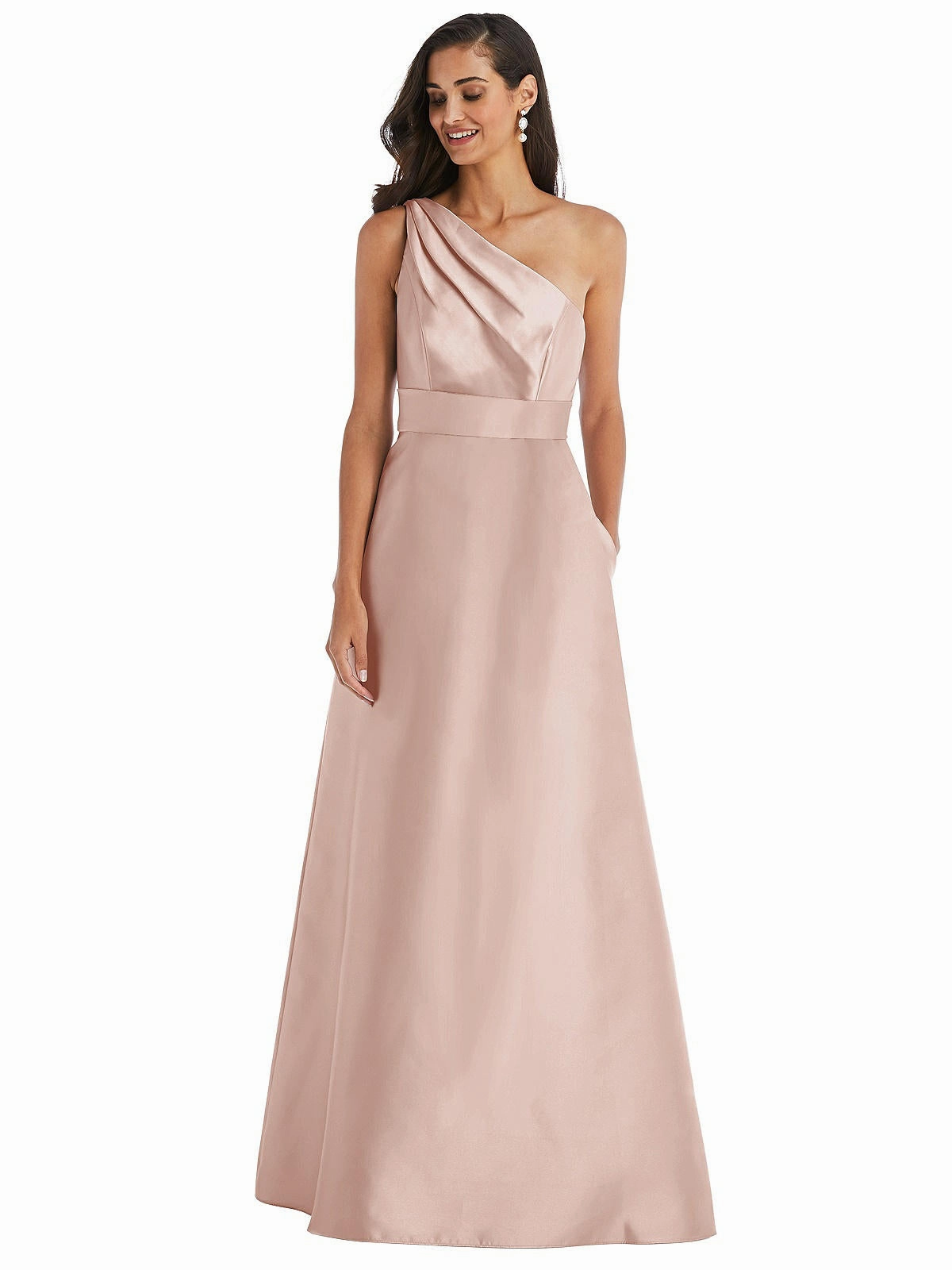 Draped One-Shoulder Satin Maxi Dress with Pockets