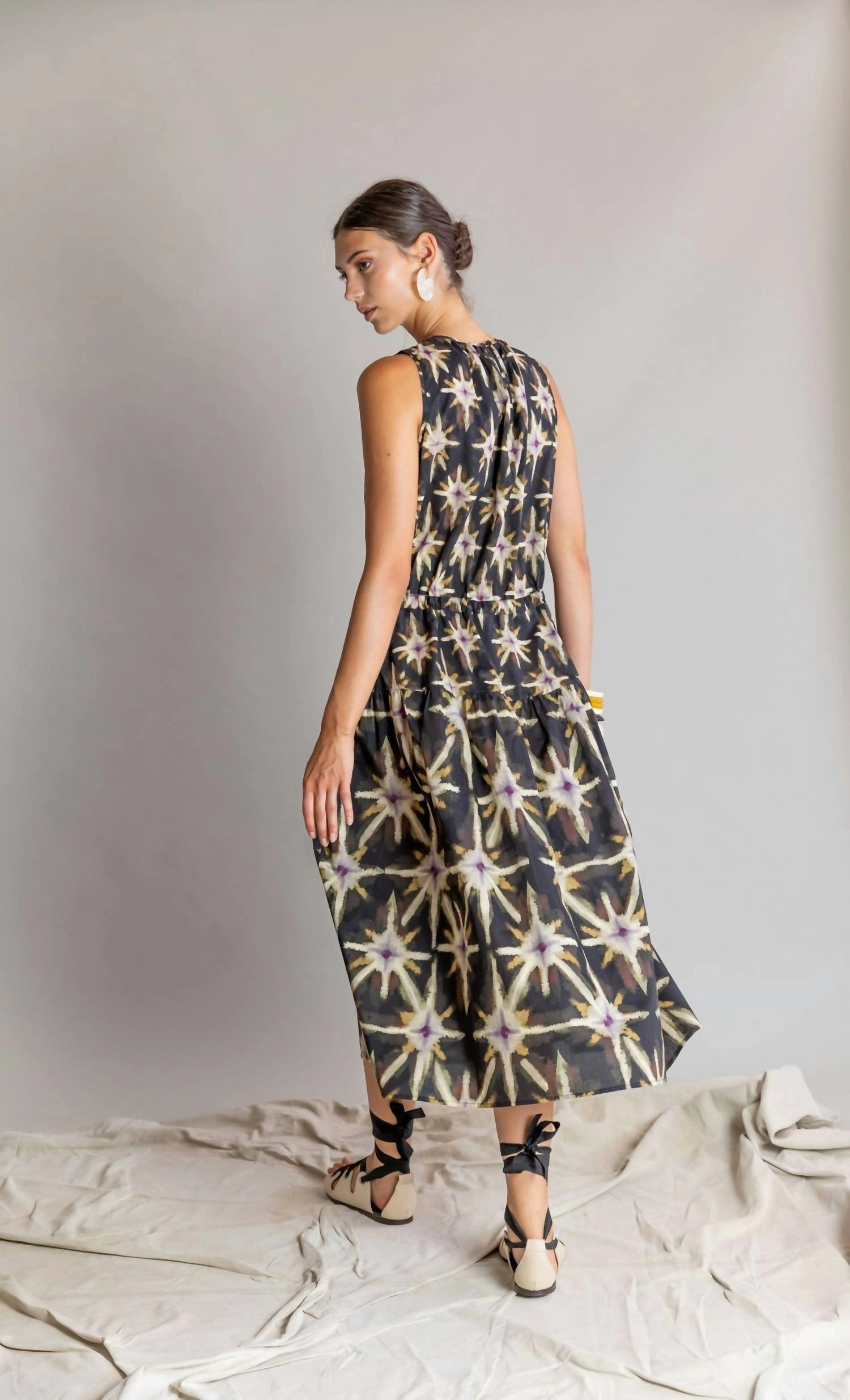 Dress In Cotton Ikat Print Midi Dress In Plum