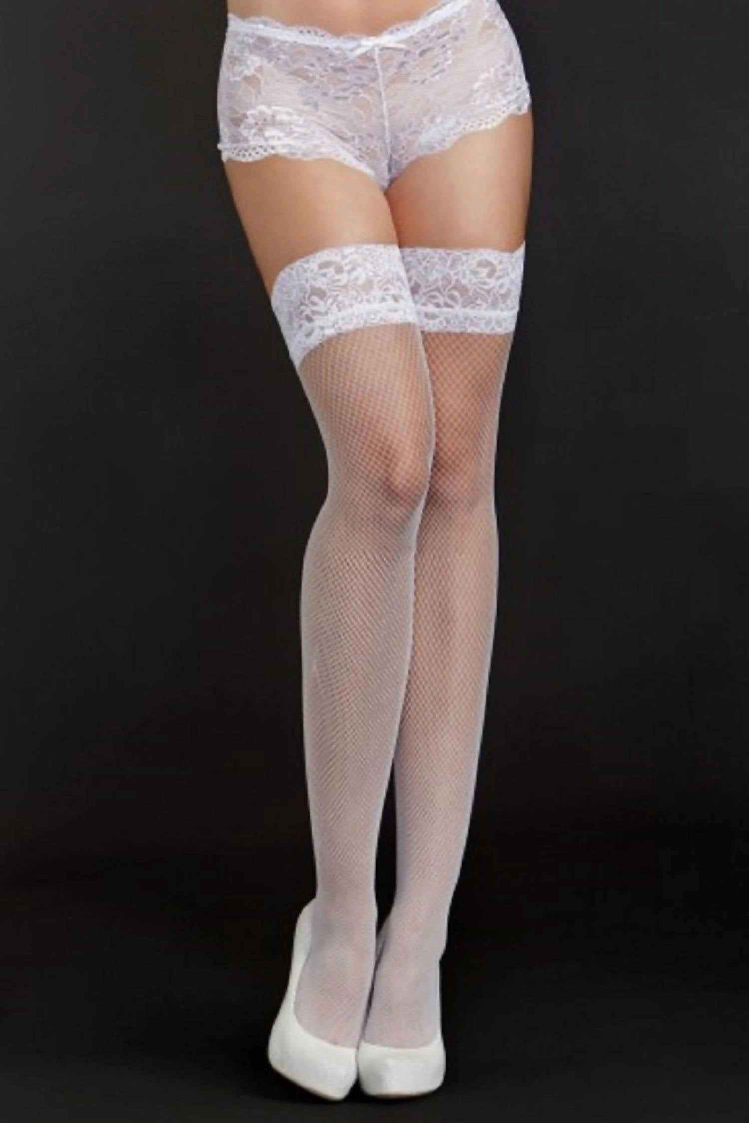 Easy Pull On Stay Up Fine Fishnet Thigh Highs In White