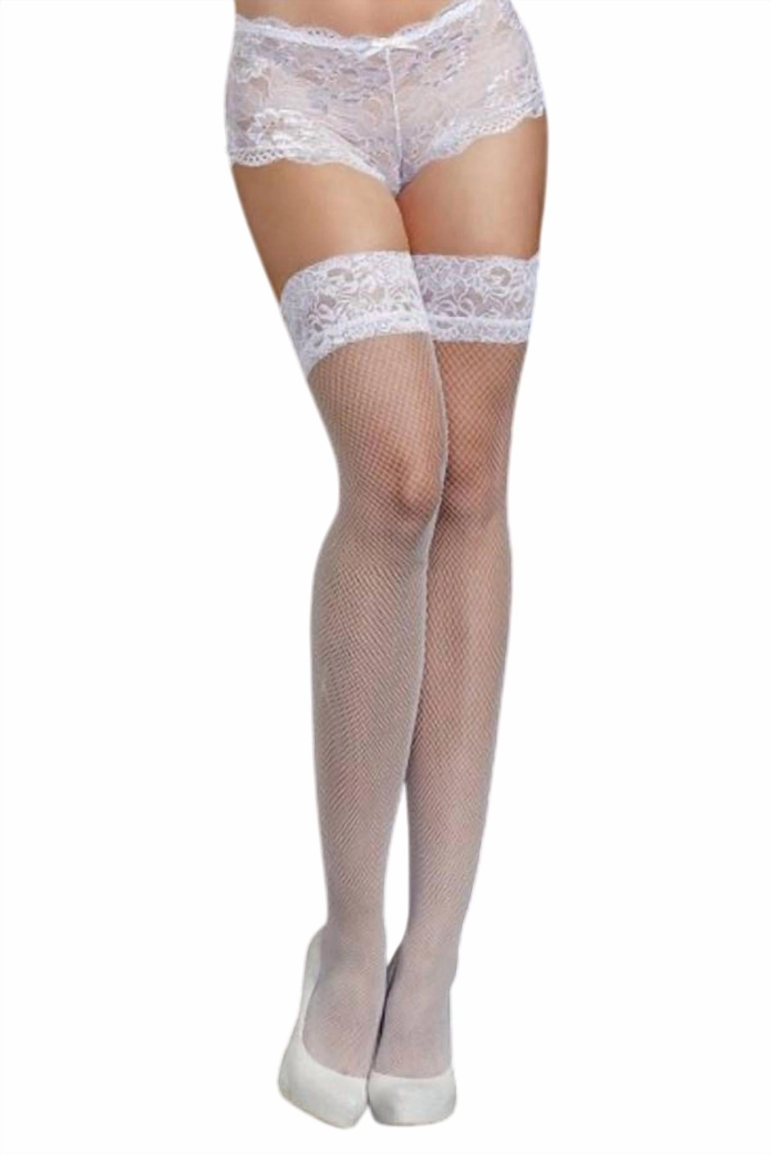 Easy Pull On Stay Up Fine Fishnet Thigh Highs In White