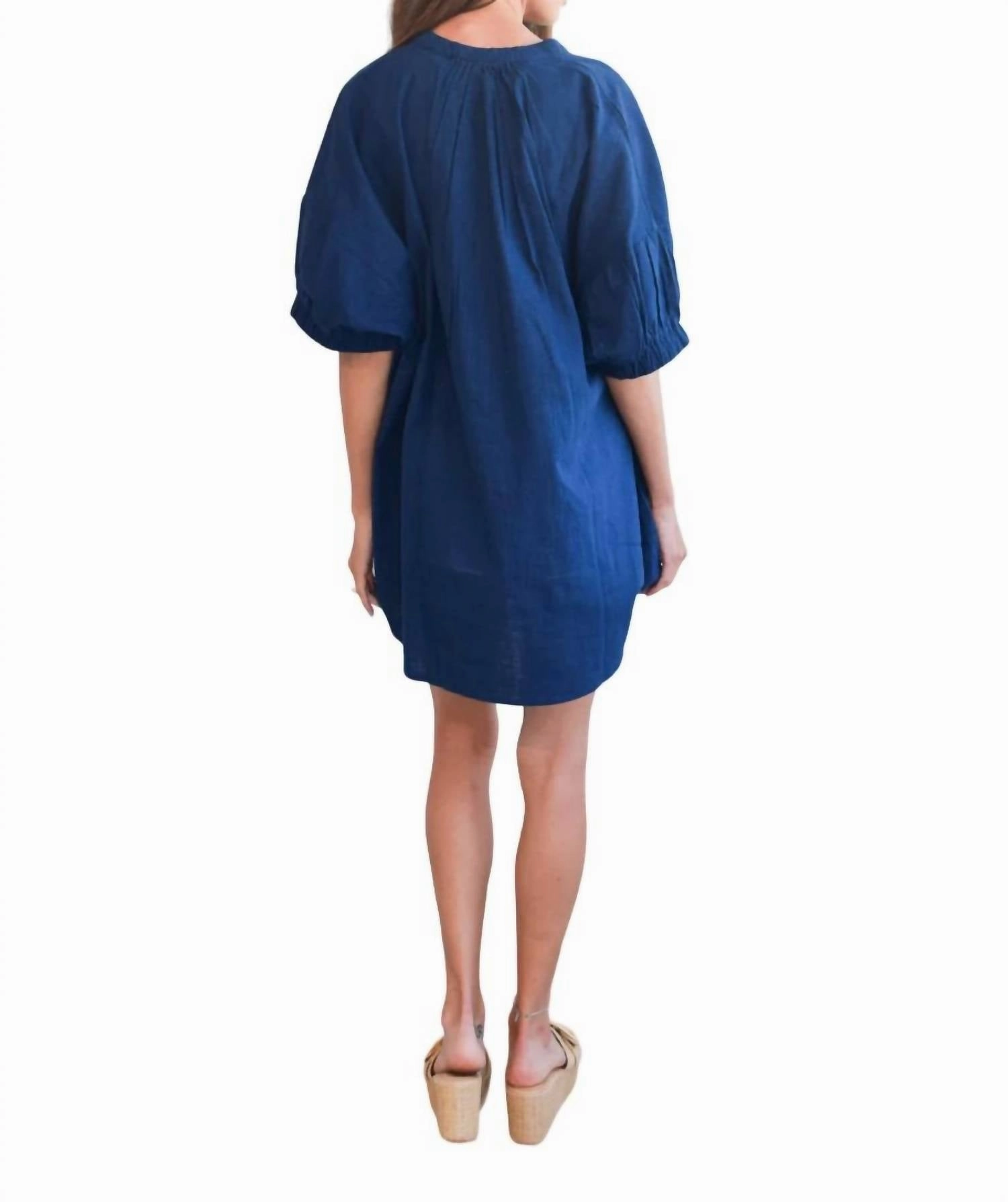 Elastic Short Sleeve Dress In Navy Woven