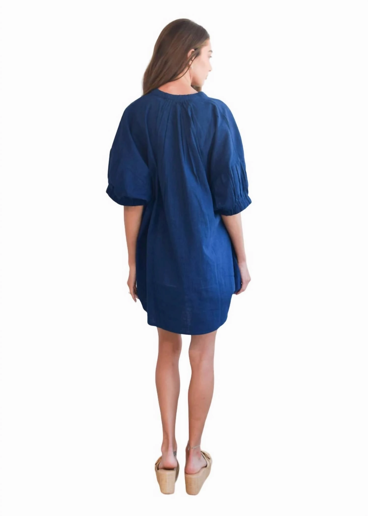 Elastic Short Sleeve Dress In Navy Woven