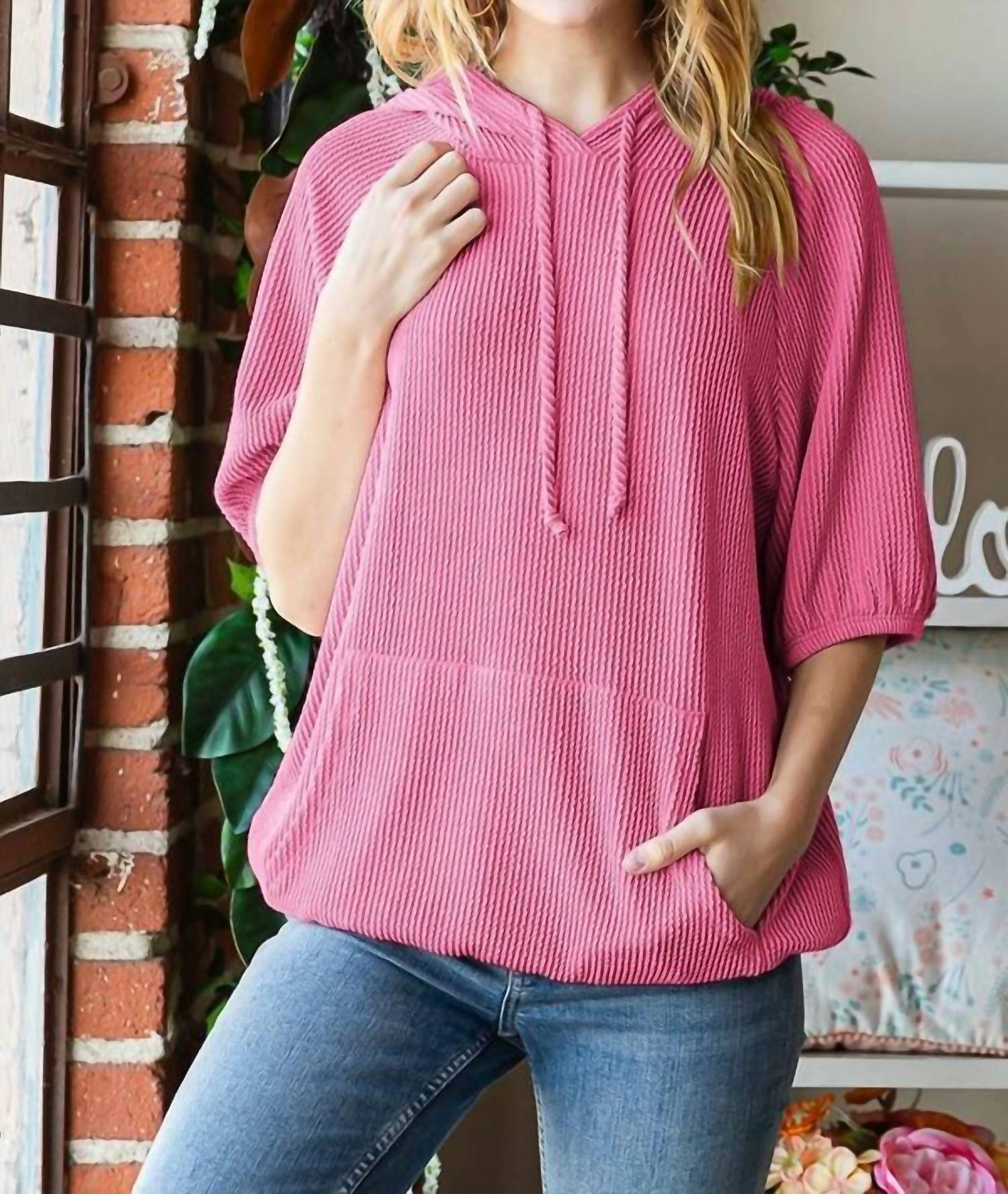 Elbow-Length Dolman Puff Sleeves Top In Hot Pink
