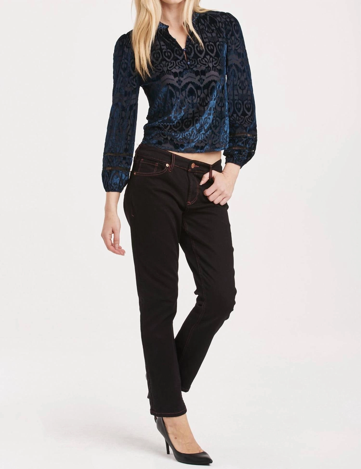 Eliza Burnout Velvet Long Sleeve In Blue