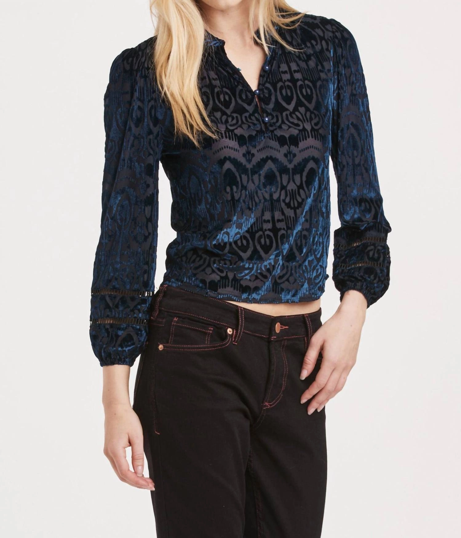 Eliza Burnout Velvet Long Sleeve In Blue