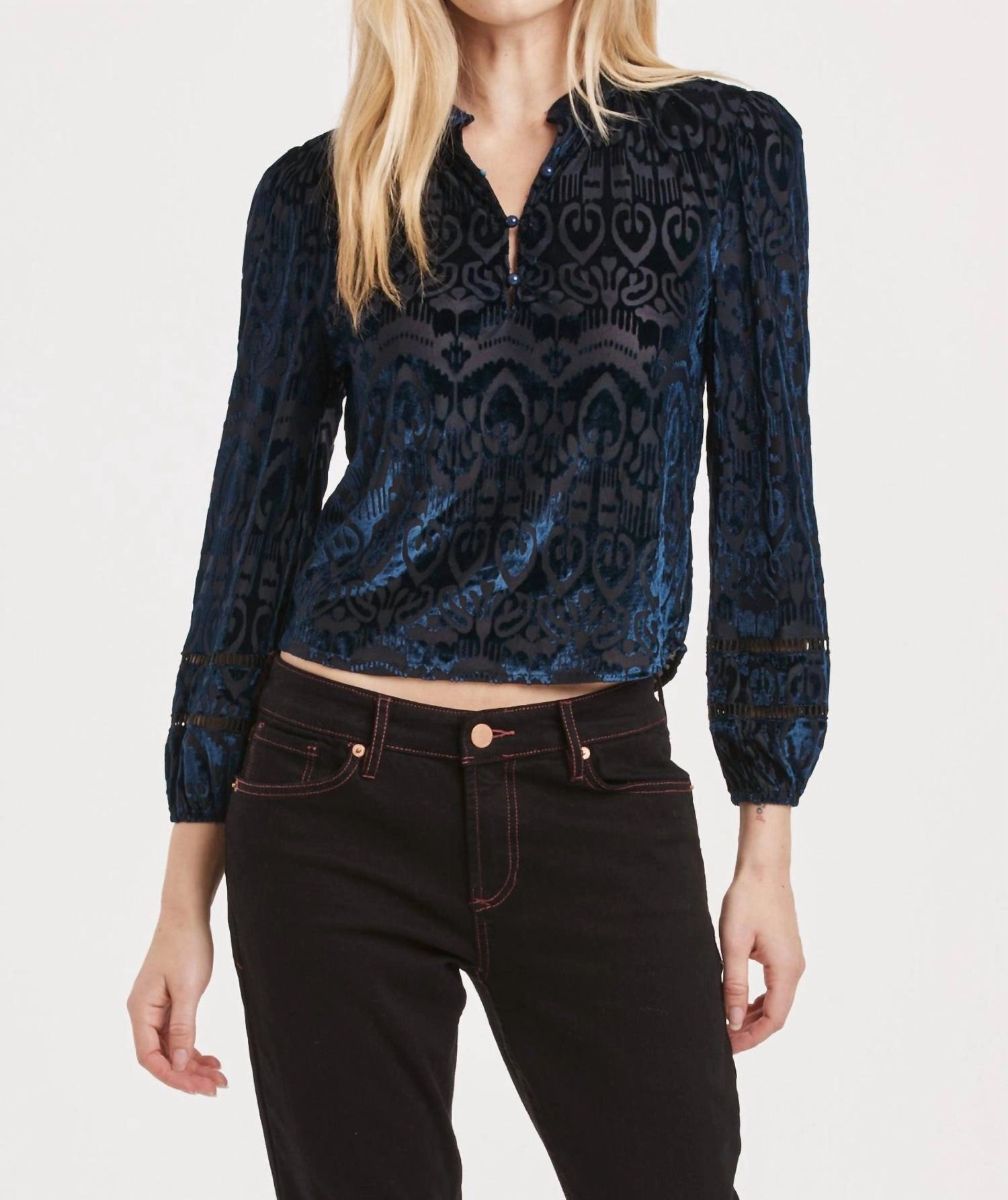 Eliza Burnout Velvet Long Sleeve In Blue