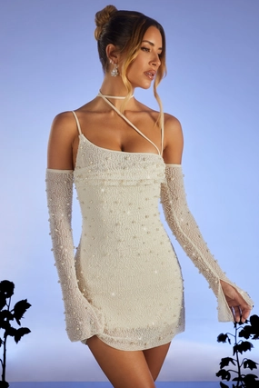 Embellished Asymmetric Corset Mini Dress in Ivory Dresses - party dresses cheap