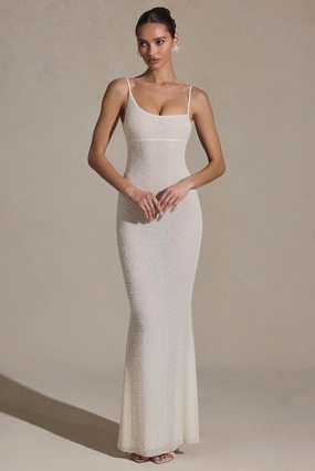 Embellished Backless Maxi Dress in White Dresses outlet online