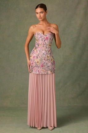 Embellished Convertible Lace-Up Gown in Floral Pink Dresses - maxi dresses best price