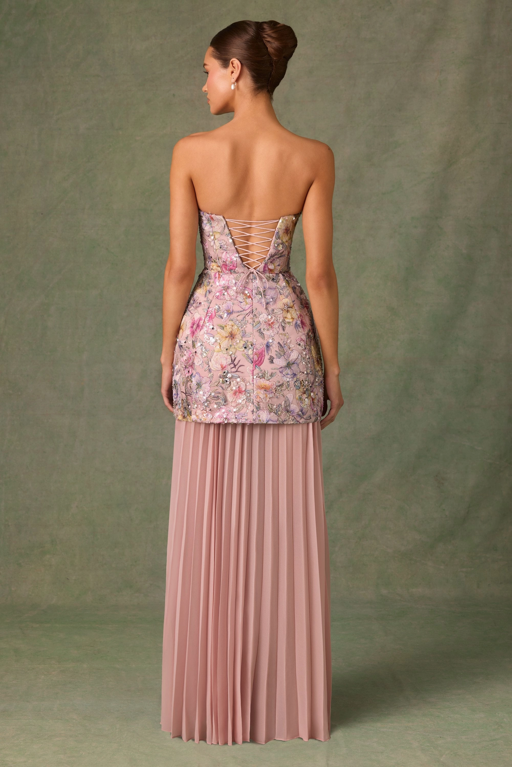 Embellished Convertible Lace-Up Gown in Floral Pink