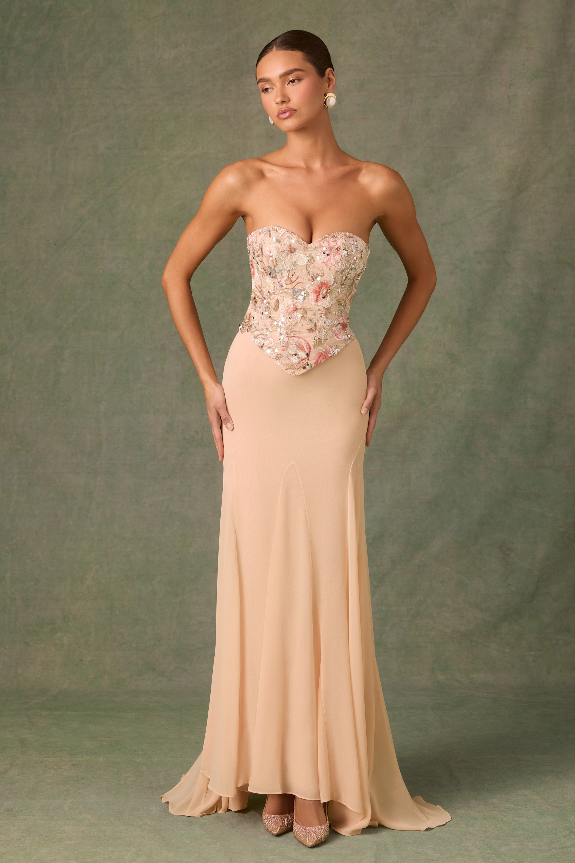 Embellished Corset Fishtail Gown in Floral Beige
