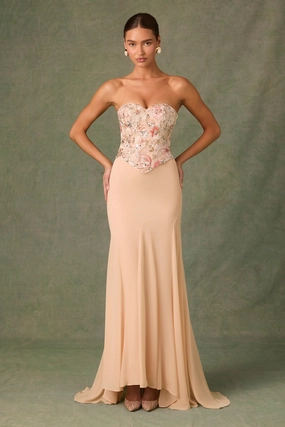 Embellished Corset Fishtail Gown in Floral Beige Dresses - maxi dresses best price
