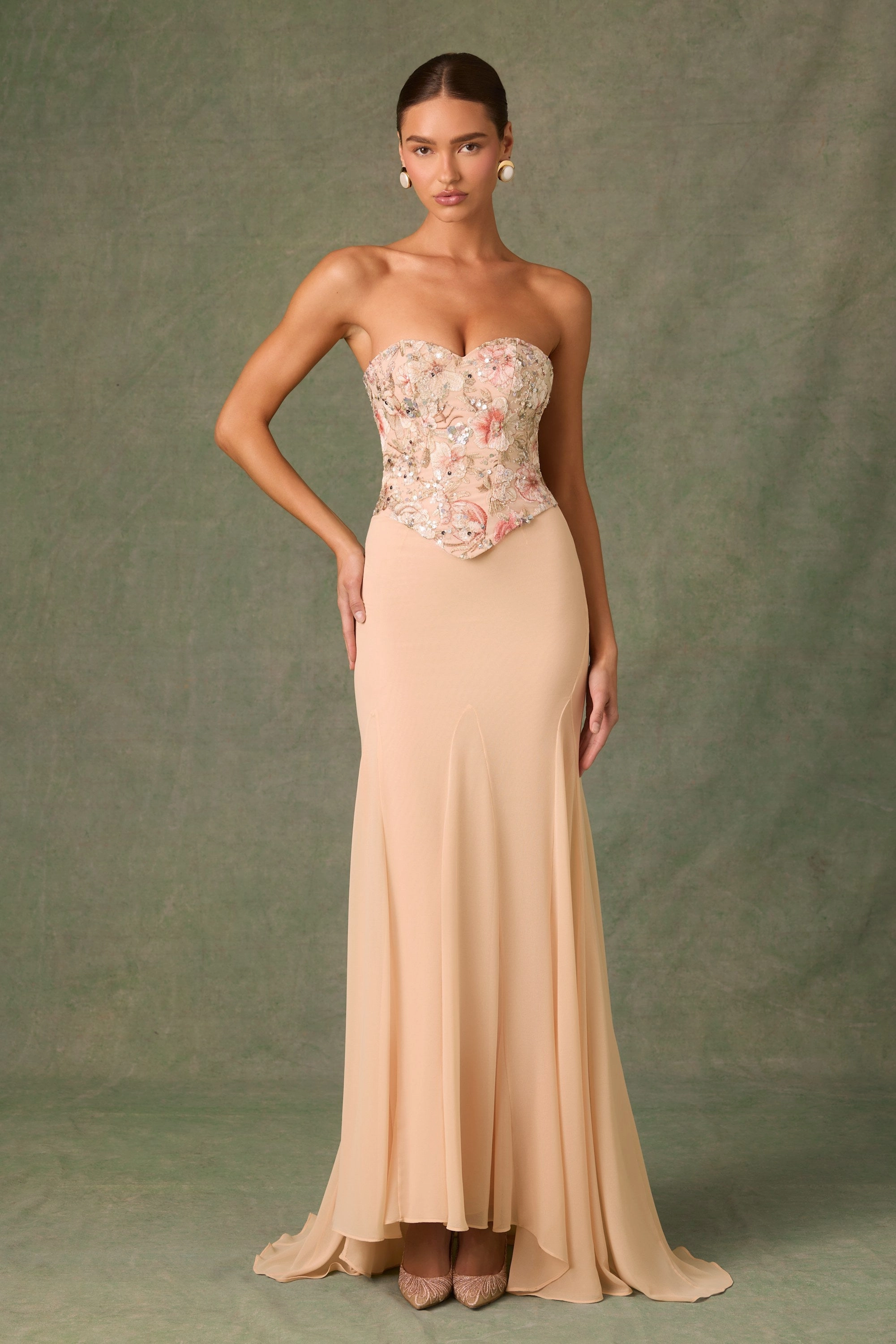 Embellished Corset Fishtail Gown in Floral Beige