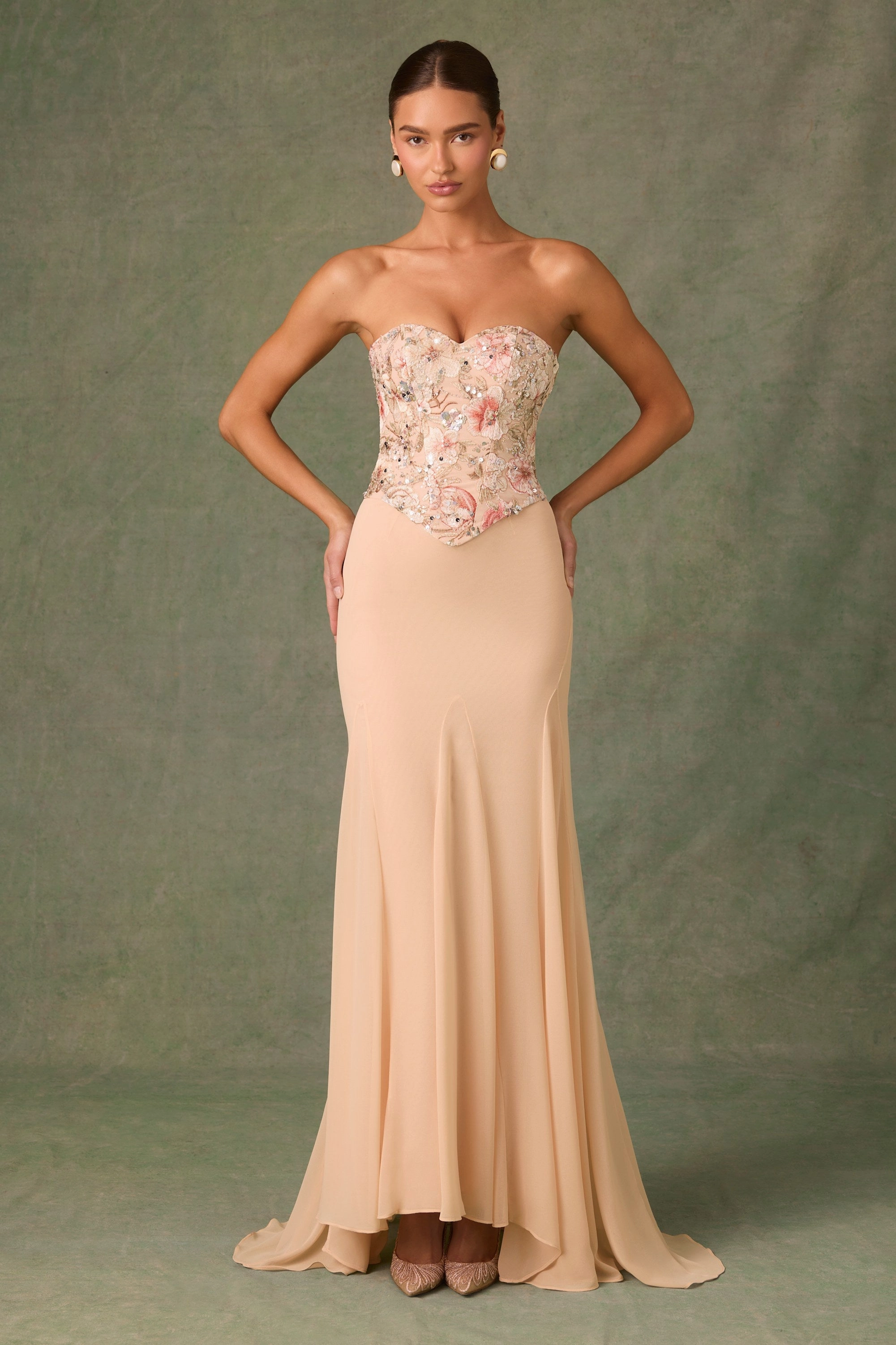 Embellished Corset Fishtail Gown in Floral Beige Dresses - maxi dresses best price