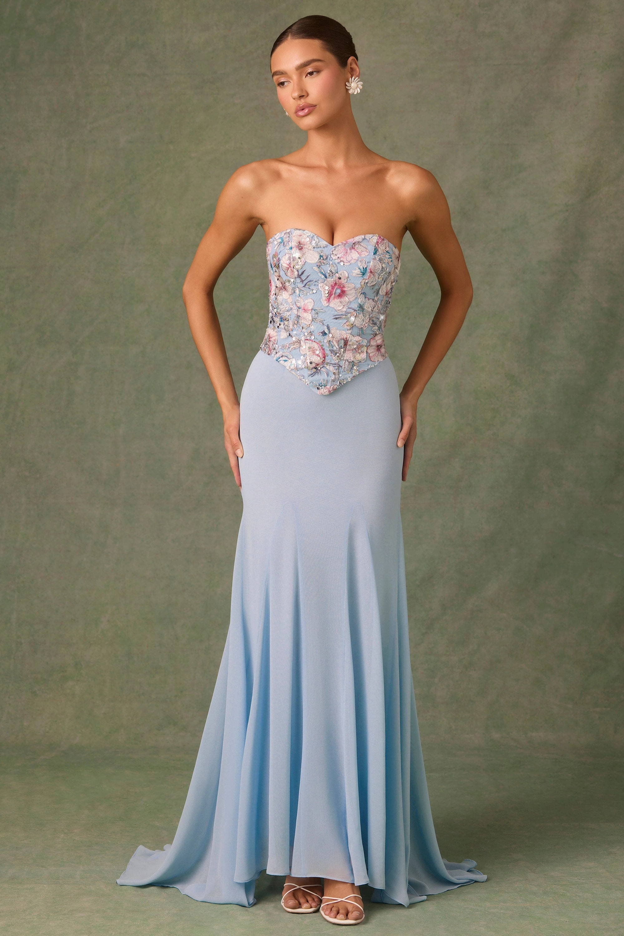 Embellished Corset Fishtail Gown in Floral Blue