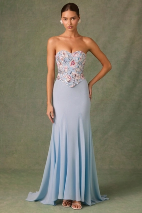 Embellished Corset Fishtail Gown in Floral Blue Dresses - maxi dresses best price