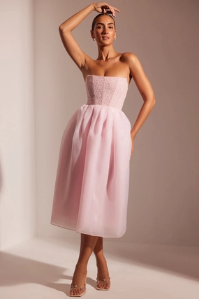 Embellished Corset Tulle Skirt Midi Dress in Blush Dresses - party dresses cheap