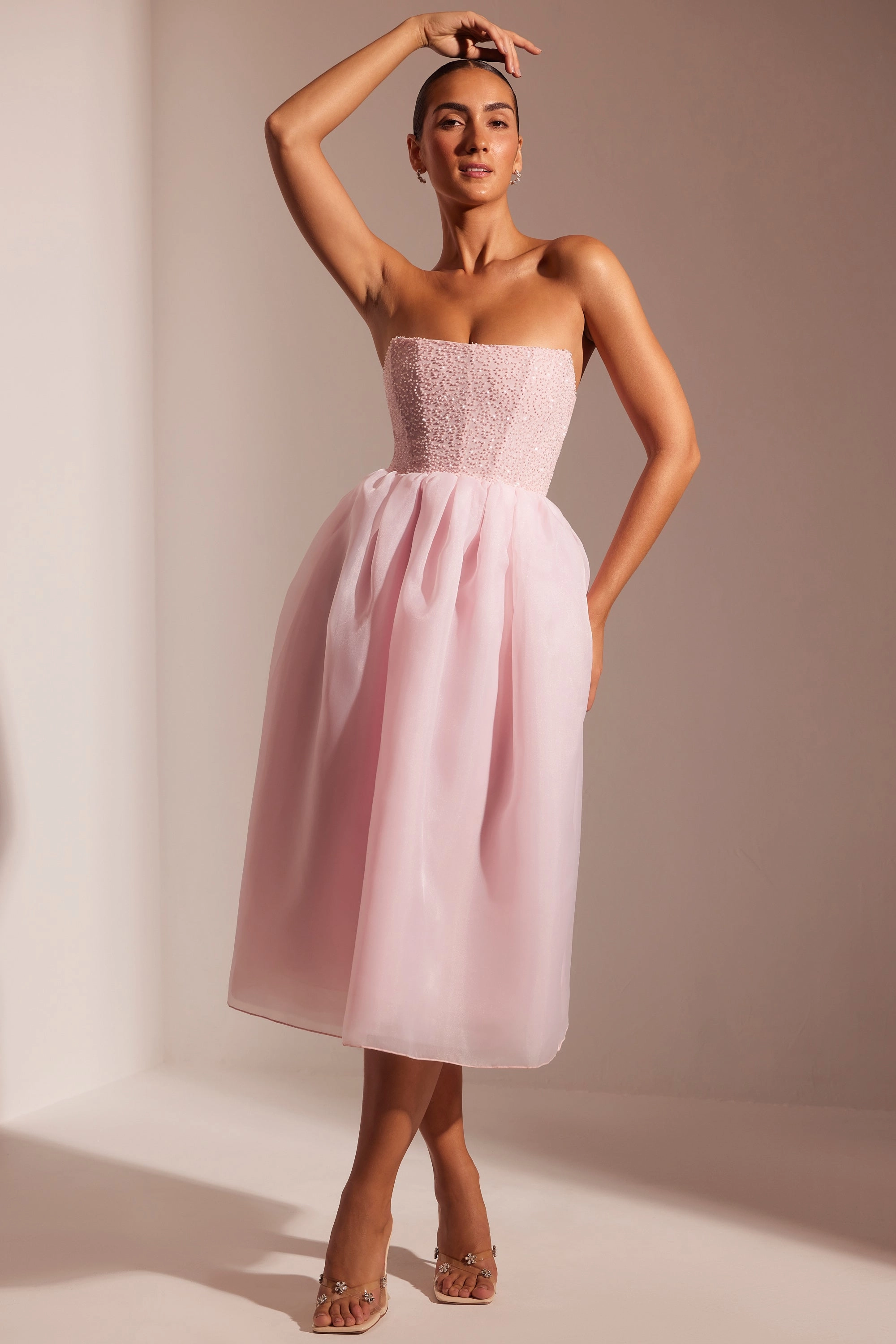 Embellished Corset Tulle Skirt Midi Dress in Blush Dresses best price