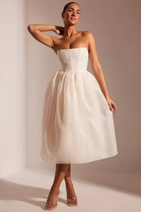 Embellished Corset Tulle Skirt Midi Dress in Ivory Dresses - party dresses cheap
