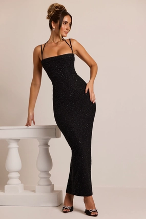 Embellished Cowl Neck Maxi Dress in Black Dresses - dresses on sale