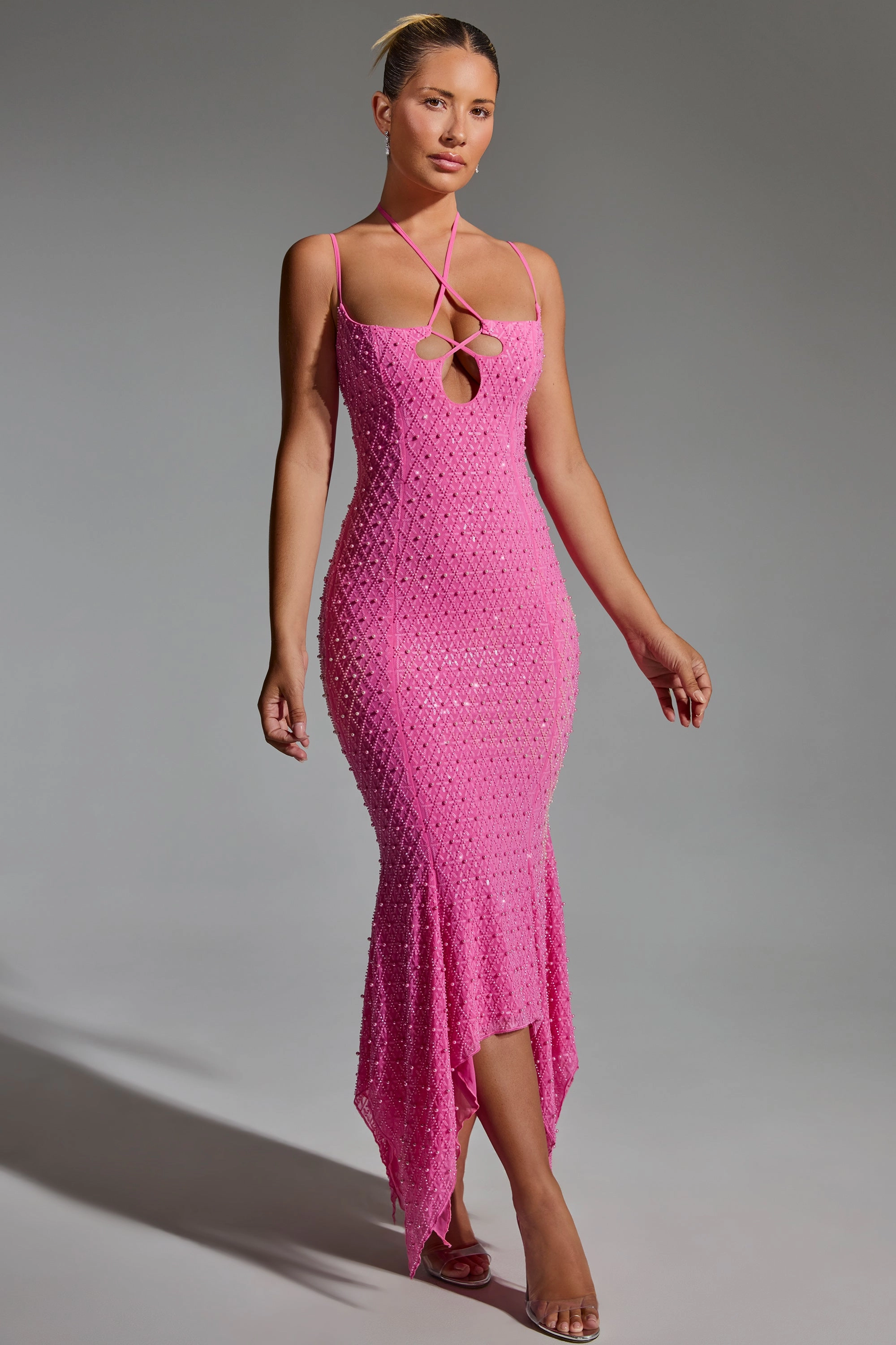 Embellished Cut-Out Asymmetric Midaxi Dress in Hot Pink Dresses best price