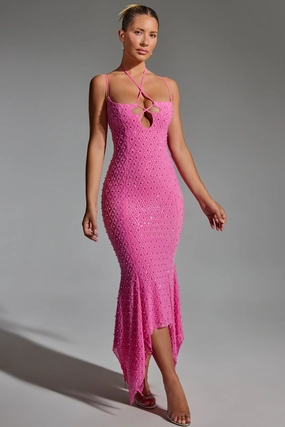 Embellished Cut-Out Asymmetric Midaxi Dress in Hot Pink Dresses best price