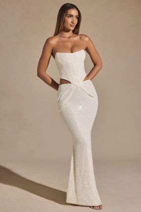 Embellished Cut-Out Draped Corset Gown in White Dresses - maxi dresses best price