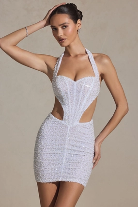 Embellished Cut-Out Halterneck Mini Dress in White Dresses - cocktail dresses sale